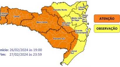 Previsão indica chuvas intensas entre a noite de segunda e a madrugada de terça em SC