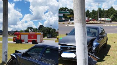 Após volante travar, veículo colide com poste em Ponte Serrada