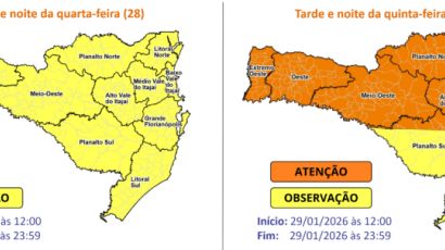SC deve registrar temporais entre quarta (28) e quinta-feira (29)