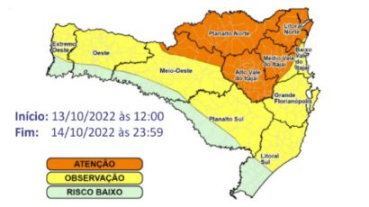 Defesa Civil alerta para chuva intensa e temporais isolados entre quinta (13) e sexta-feira (14)