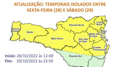 Defesa Civil emite alerta para temporais isolados entre sexta (28) e sábado (29)