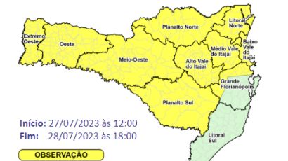 Defesa Civil alerta para temporais isolados entre a quinta (27) e sexta-feira (28)