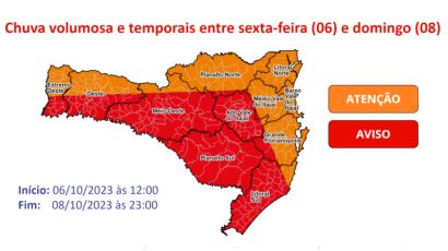 Defesa Civil alerta para alto risco de ocorrências relacionadas à chuva na maior parte de SC