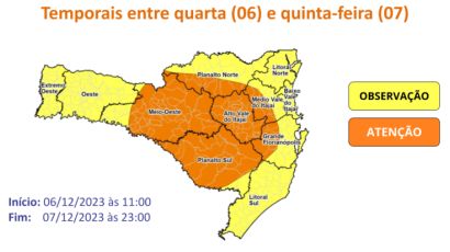Frente fria associada ao calor e umidade deve provocar temporais em SC