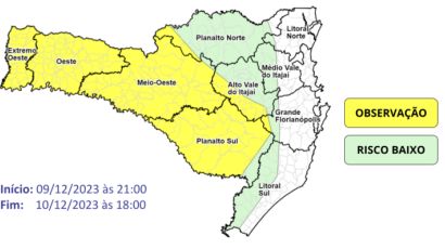 Tempo instável deve provocar temporais neste sábado (9) em SC