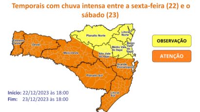 Frente fria deve provocar temporais entre a sexta-feira e o sábado em SC