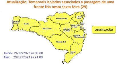 Frente fria deve provocar temporais isolados nesta sexta (29) em SC