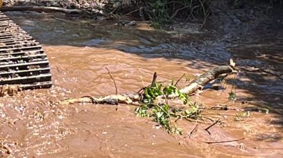 Prefeitura de Xanxerê encontra tijolos, pneus e tronco de árvores em canal no Rio Xanxerê